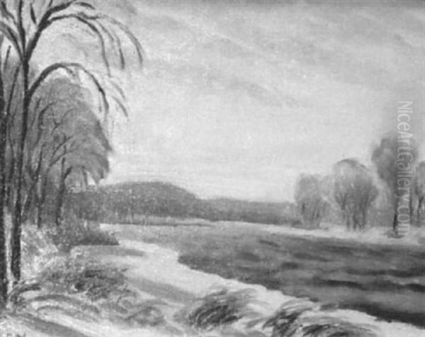 Winter Landscape Depicting River With Tree-lined Banks Oil Painting by Roscoe Clarence Magill