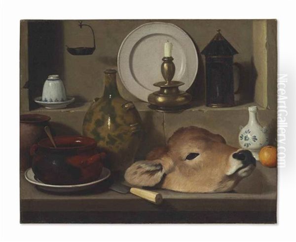 An Oil Lamp, Ceramics, Brass Lantern, Knife, Onion And Calf's Head Oil Painting by Carlo Magini