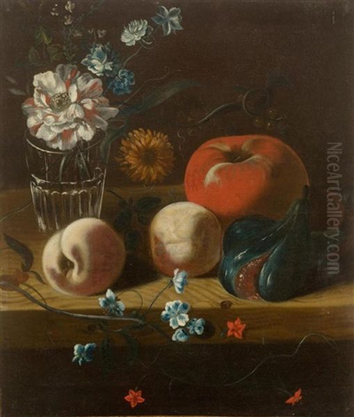 Still Life Of Fruits With Flowers In A Glass Oil Painting by Carlo Magini