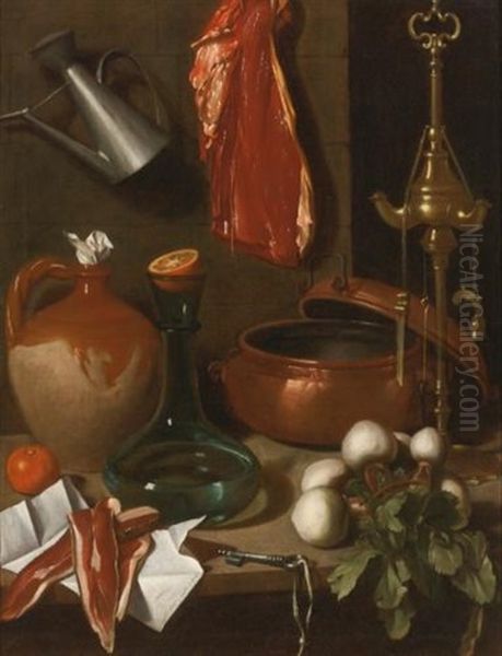 A Kitchen Still Life With Hung Meat, A Bunch Of Turnips, Oil Lamp, An Earthenware Jug, Brass Pans, A Glass Decanter Sealed With Half An Orange, A Key, And Pork ( Guanciale ) Resting On A Piece Of Paper, All Upon A Table-top Oil Painting by Carlo Magini