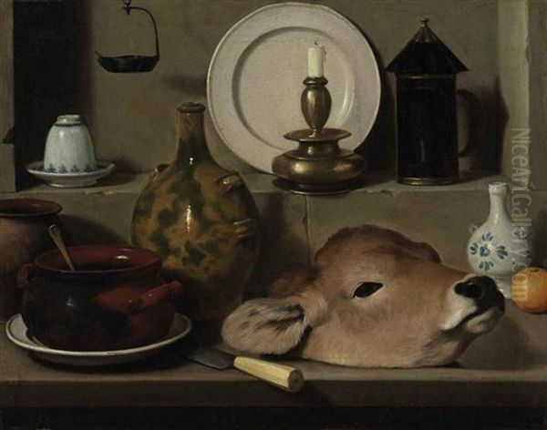 An Oil Lamp, Ceramics, Brass Lantern, Knife, Onion And Calf's Head Oil Painting by Carlo Magini