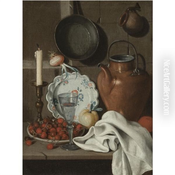 A Still Life With A Candle, Cherries In A Stoneware Bowl, A Wine Glass, A Porcelain Plate, An Apple, An Orange, A Copper Kettle And A White Table Cloth All On A Stone Ledge, Together With A Sprouting Oil Painting by Carlo Magini