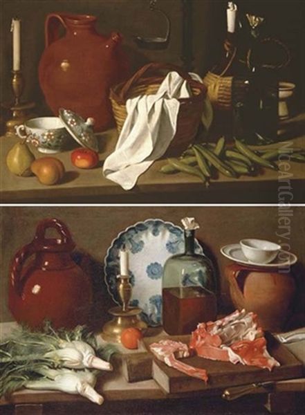 A Glass Bottle, A Blue And White Porcelain Platter, An Earthenware Jug, A Candle, An Orange And Fennel On A Wooden Ledge With Meat On A Chopping Board (+ A Candlestick, An Earthenware Jar, A Porcelain Oil Painting by Carlo Magini