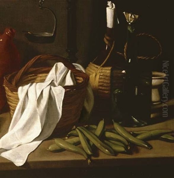 A Kitchen Still Life - A Candlestick, An Earthenware Jar, A Porcelain Soup Bowl, A Basket And Tablecloth, Two Bottles, Beans And Assorted Fruits On A Tabletop Oil Painting by Carlo Magini