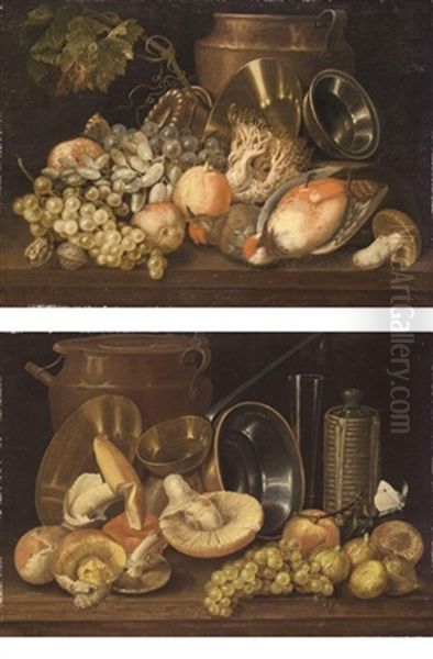 A Still Life With Fruit, Kitchen Pots And Two Birds (+ A Still Life With Fruit, Kitchen Pots, Mushrooms And A Butterfly; Pair) Oil Painting by Carlo Magini