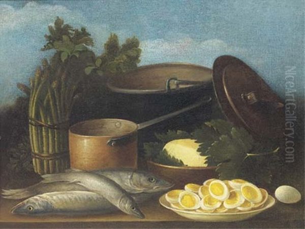 Copper Pots, Fish, Asparagus, Herbs, And A Dish Of Sliced Boiled Eggs On A Table Oil Painting by Carlo Magini