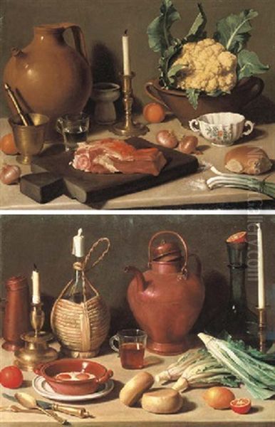 Meat On A Chopping-board, A Mortar, A Glass Of Water, An Earthenware Pitcher, A Candlestick... (+ Fried Eggs In An Earthenware Bowl...; Pair) Oil Painting by Carlo Magini