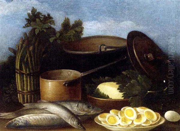 Copper Pots, Fish, Asparagus, Herbs And A Dish Of Sliced Boiled Eggs On A Table Oil Painting by Carlo Magini