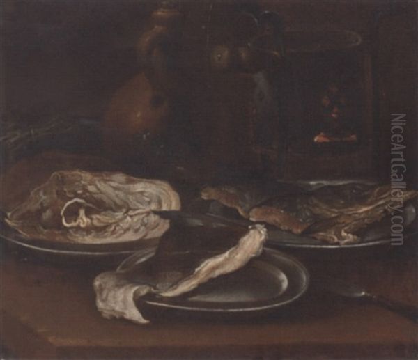 Three Pewter Plates With Fish, An Earthenware Jug, A Bunch Of Asparagus And A Warming Plate Oil Painting by Carlo Magini