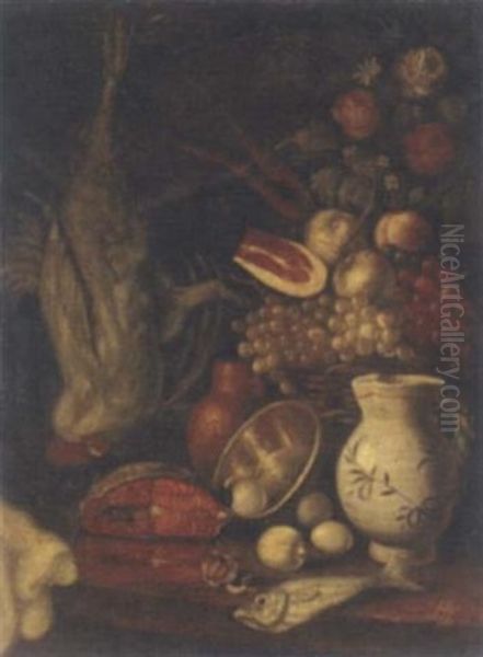 A Basket Of Fruit, Salmon, Eggs And An Earthenware Jug On A Partly-draped Table With A Cockerel Suspended Behind Oil Painting by Carlo Magini