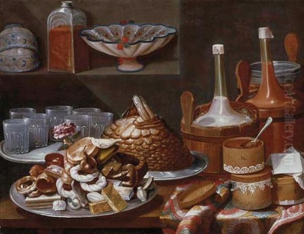 Cakes, Bread, Fruit, A Rose, Savoiardi Biscuits And Glasses On Pewter Plates With Bottles In Pails And Decorated Boxes On A Table, Porcelain Cups And Bowls With A Glass Jar On A Ledge Oil Painting by Carlo Magini