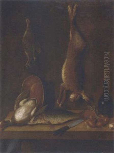 A Dead Hare And A Woodcock Hanging On A Wall, With A Duck, A Trout, Onions, Garlic, A Bottle Of Wine, A Copper Pot And A Knife On A Wooden Table Oil Painting by Carlo Magini