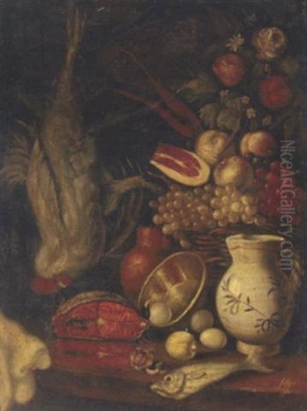 A Basket Of Fruit, Salmon, Eggs, An Earthenware Jug On A Partly-draped Table With A Cockerel Suspended Behind Oil Painting by Carlo Magini