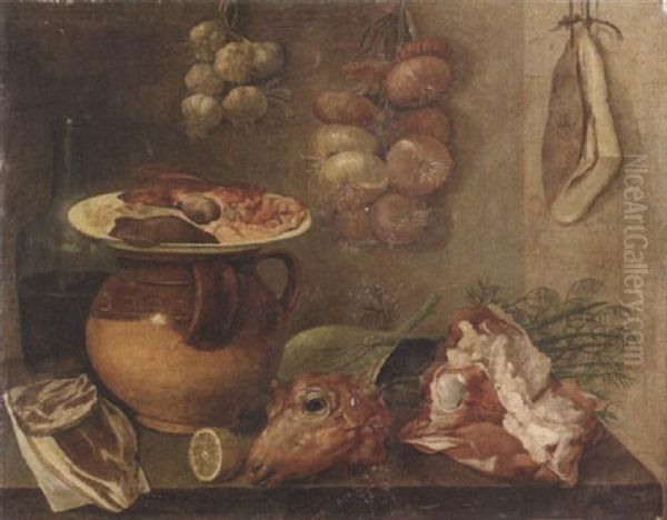 A Sheep's Head, Lemon, Bottle And An Earthenware Jar Covered By A Dish With Animal Lights, With Fennel On A Table Top Oil Painting by Carlo Magini