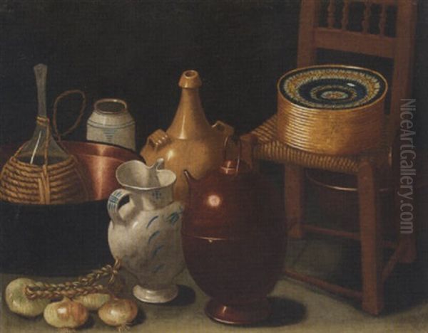 A Still Life With A String Of Onions, Pile Of Plates On A Chair, Jugs, And Other Cooking Utensils Oil Painting by Carlo Magini