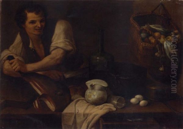 A Kitchen Interior With A Serving Boy Slicing Prosciutto, A Basket Of Vegetables Hanging From The Wall, Bread, And Other Objects Oil Painting by Carlo Magini