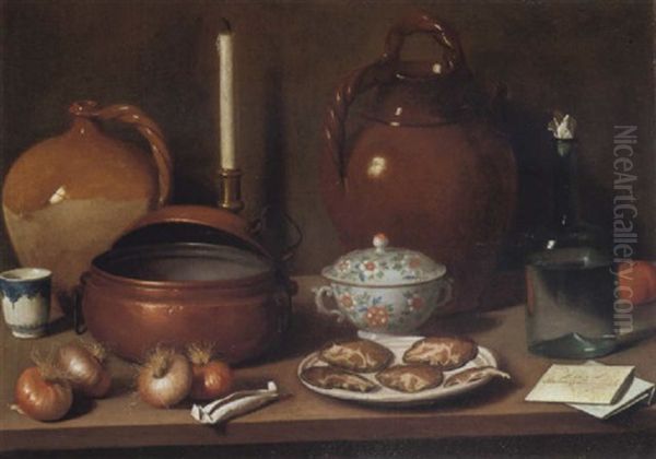 Nature Morte Aux Oignons, Coppa Et Lettre Sur Un Entablement Oil Painting by Carlo Magini