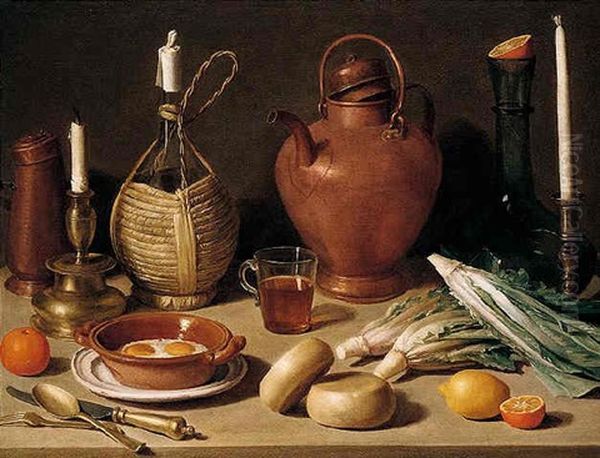 A Still Life Of Eggs In A Terracotta Pot, Gilt Candlesticks, A Wine-casket, A Copper Pot, A Glass Vase, Cutlery And Cheese Oil Painting by Carlo Magini