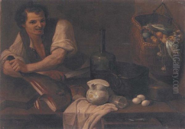 A Kitchen Interior With A Serving Boy Slicing Prosciutto, A Basket Of Vegetables Hanging From The Wall Oil Painting by Carlo Magini