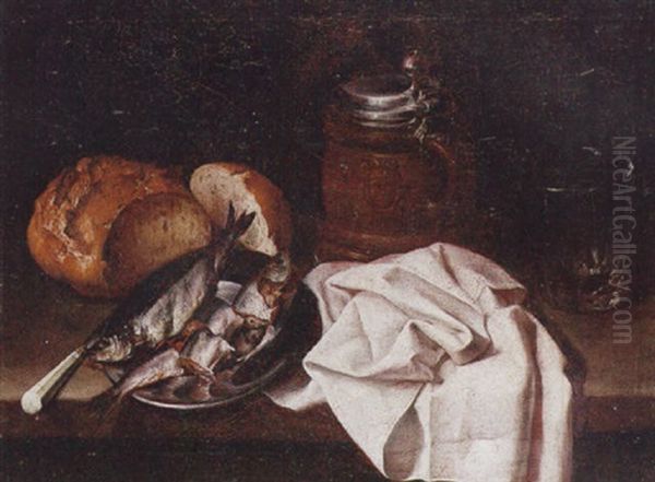 Still Life Of Herring On A Pewter Dish, A Knife, Bread, A Stoneware Tankard, A Glass And A Cloth, All Upon A Table Top Oil Painting by Carlo Magini