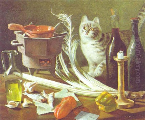 Natura Morta Con Gatto Oil Painting by Carlo Magini