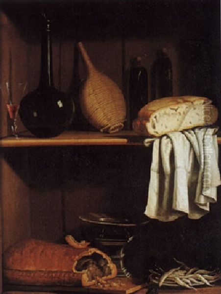 Nature Morte En Trompe De L'oeil A La Miche De Pain, Verre Et Carafe De Vin Et Pieces D'orfeverie Sur Des Etageres Oil Painting by Carlo Magini