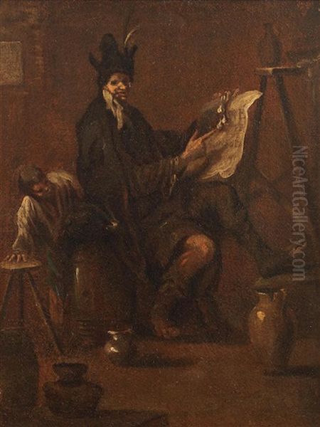 Interior With A Figure Seated On A Barrel by Alessandro Magnasco