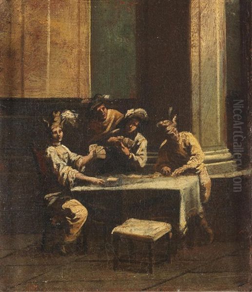 Figures Playing Cards At Table; And Figures Dining In An Interior (2) Oil Painting by Alessandro Magnasco