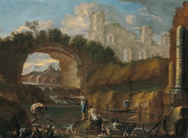 A River Landscape With Fishermen Among Ruins Oil Painting by Alessandro Magnasco