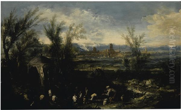 Extensive Landscape With Figures Before A Shrine Oil Painting by Alessandro Magnasco