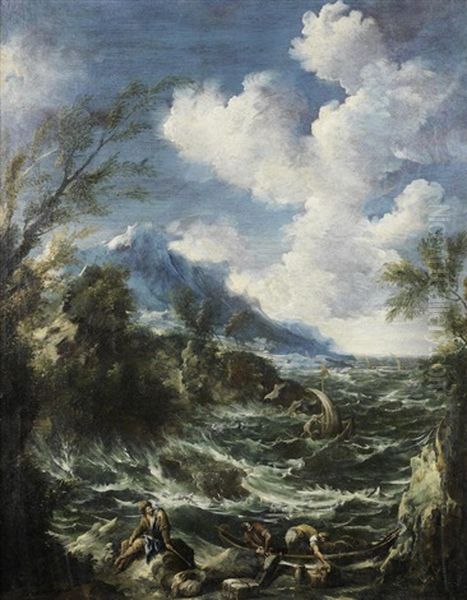 Figures Working At The Shore Of A Rough Sea Landscape Oil Painting by Alessandro Magnasco