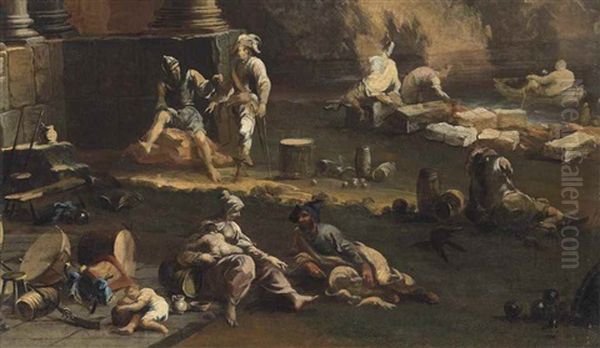 Figures Resting By Classical Ruins Near The Shore - A Fragment Oil Painting by Alessandro Magnasco