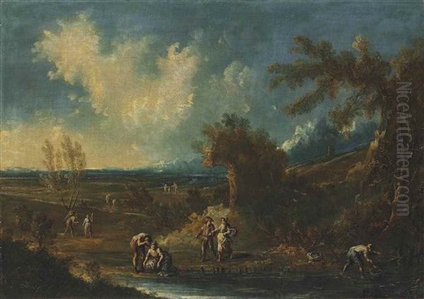 An Extensive Landscape With Anglers And Washerwomen By A Stream, Mountains Beyond Oil Painting by Alessandro Magnasco