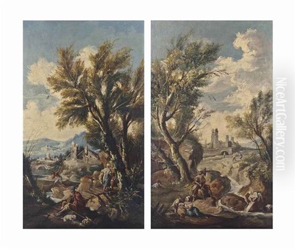 A Wooded River Landscape With Fishermen And Washerwomen, A Village Beyond; And A Wooded River Landscape With Travellers On A Path And Other Figures, A Village Beyond (pair) Oil Painting by Alessandro Magnasco