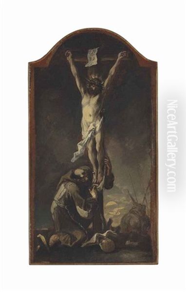 Christ On The Cross With A Kneeling Capuchin Monk Oil Painting by Alessandro Magnasco