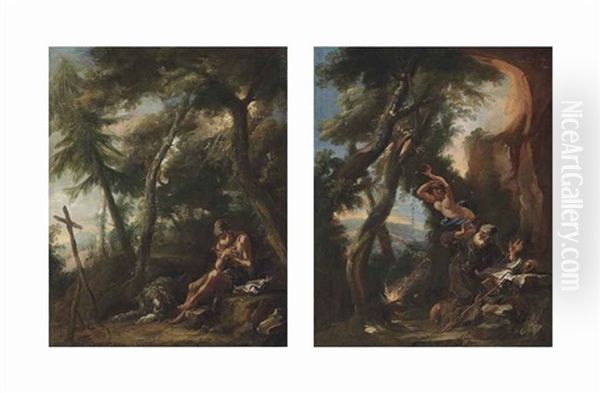 The Penitent Saint Jerome In A Wooded Landscape; The Temptation Of Saint Anthony (pair) Oil Painting by Alessandro Magnasco