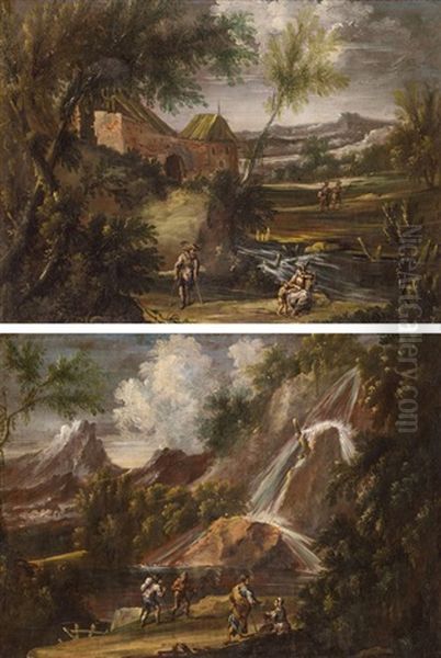 Pendants - Sudliche Landschaft Mit Gutshof Und Sudliche Landschaft Mit Wasserfall (2 Works) by Alessandro Magnasco