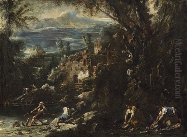 River Landscape With Angler And Laundresses Oil Painting by Alessandro Magnasco