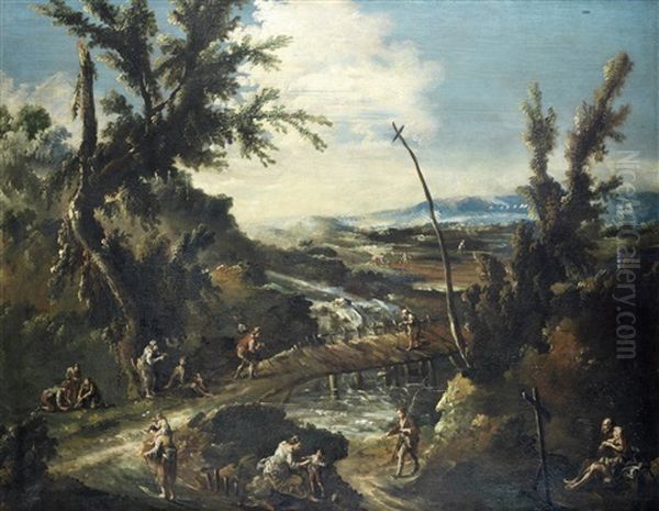 An Extensive Wooded Landscape With A Hermit, Travellers And Other Figures By A River With A Bridge Oil Painting by Alessandro Magnasco