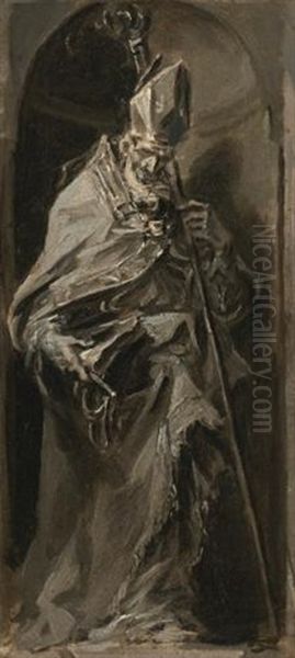 A Bishop Saint, Full Length, Standing In A Niche, A Crozier Held In His Left Hand Oil Painting by Alessandro Magnasco