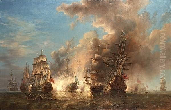 An Anglo-swedish Skirmish In The Channel Oil Painting by Johan Christian Berger