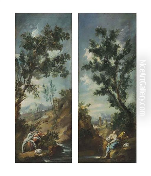 A Landscape With A Couple Embracing By A Stream (+ A Landscape With Ruins And Figures By A Stream; Pair) Oil Painting by Alessandro Magnasco