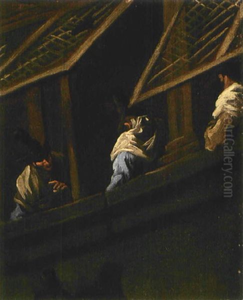 Nachtliche Szene Mit Herabblickenden Kaufleuten Vor Hochgezogenen Fenstergittern Oil Painting by Alessandro Magnasco