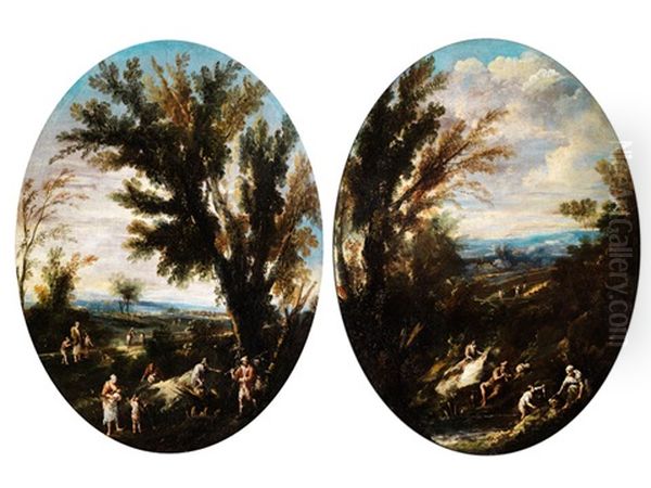 Bauerliche Genreszenein Landschaft Unter Hohen Baumen (+ Another, Similar; Pair) Oil Painting by Alessandro Magnasco