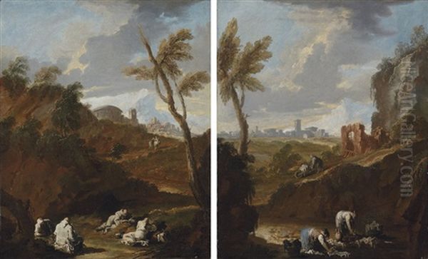 Monks Studying In A Landscape (+ Washerwomen By A Stream; Pair) Oil Painting by Alessandro Magnasco