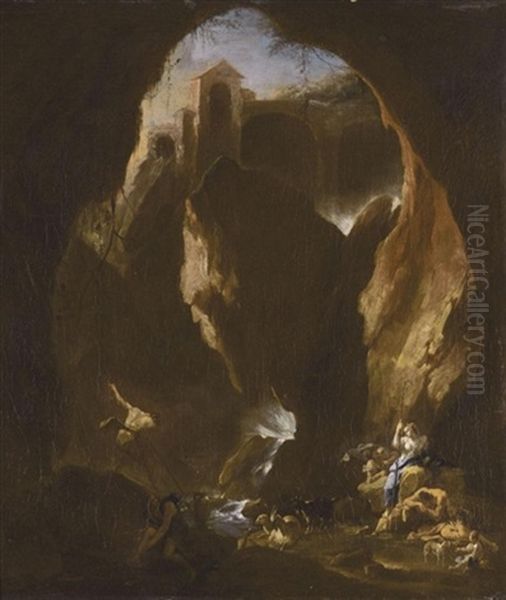 Classical Figures In A Cave Beside A Waterfall (after A Collab. W/philip Peter Roos) Oil Painting by Alessandro Magnasco