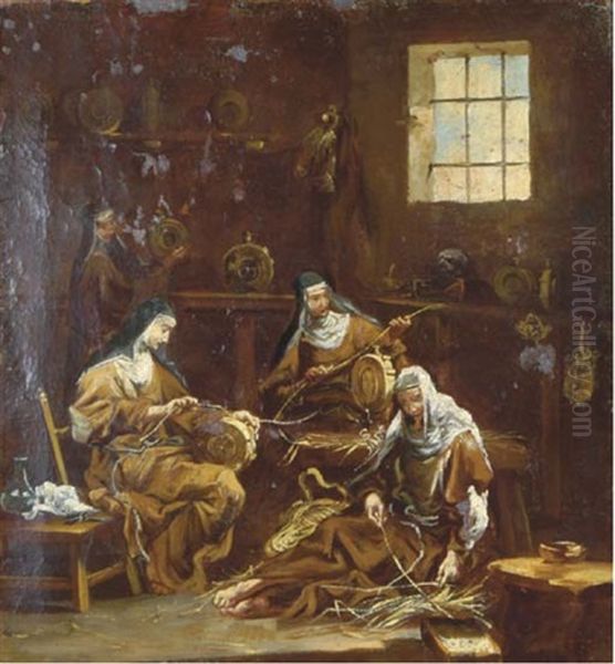 An Interior With Monks Resting By A Fire (+ An Interior With Nuns Spinning; Pair) Oil Painting by Alessandro Magnasco