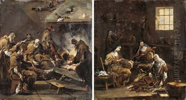 An Interior With Monks Resting By A Fire (+ An Interior With Nuns Spinning; Pair) Oil Painting by Alessandro Magnasco