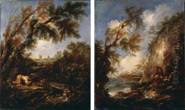 A Wooded Landscape With A Hermit Prostrate Before A Crucifix (+ A Rocky Landscape With A Hermit In Prayer On A Seashore; Pair) Oil Painting by Alessandro Magnasco