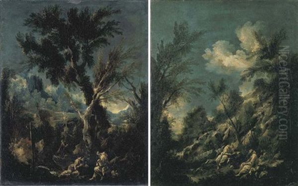 Due Monaci In Un Paesaggio (+ Due Monaci In Un Paesaggio Ed Un Viandante; 2 Works, By Studio Of Alessandro Magnasco & Antonio Francesco Peruzzini) Oil Painting by Alessandro Magnasco